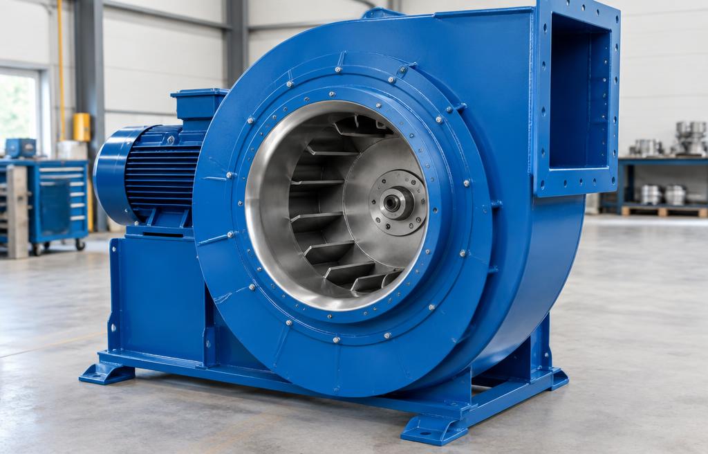 Blue industrial centrifugal blower in a workshop